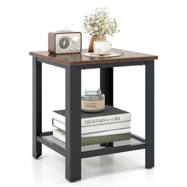 Black Industrial 2-tier End Table With Storage Shelf – Rustic Wood Side Table For Living Room